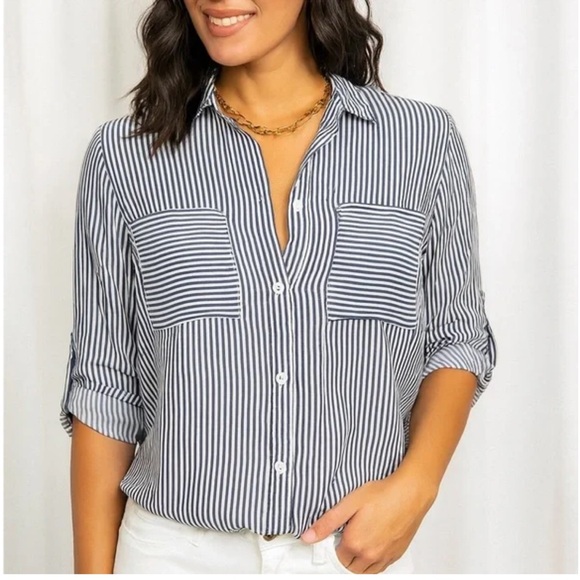 Thread & Supply Tops - Navy and White Striped Shirt